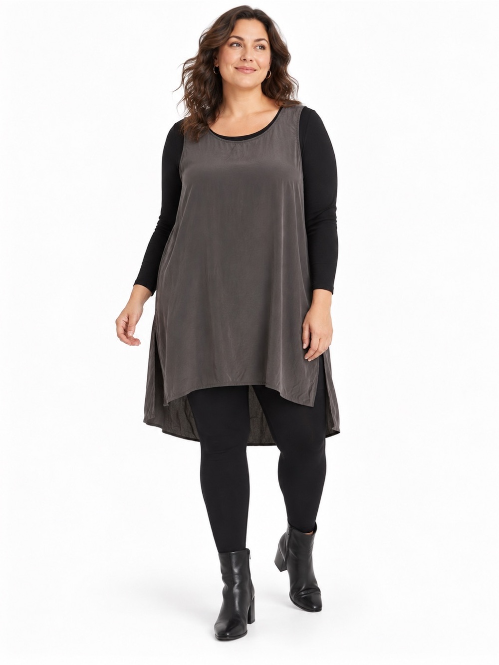 Eileen Fisher 100% Silk Charcoal Tunic Dress XL High Low EUC